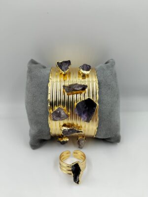 Bracelet et Bague dorés avec pierres brutes
